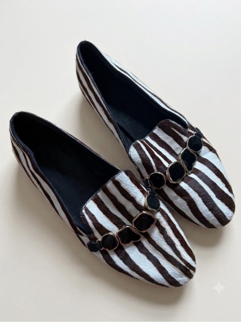 What For Sz 5.5 (36) Zebra Pony Hair Bedazzle Loafers